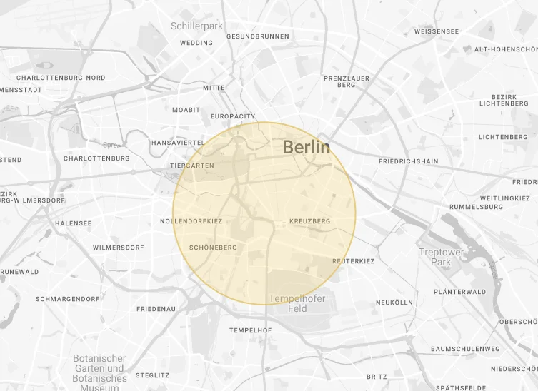 Map of Berlin showing potential locations for Atelier Partagé in Mitte, Schöneberg, and Tempelhof areas